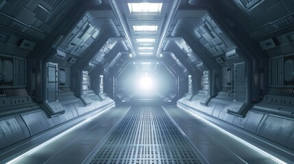 Modern futuristic hallway interior spaceship. Generative AI


