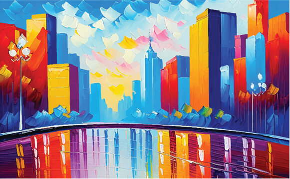 Vibrant Artwork: Acrylic Paint in a Multicolored Painting. Cityscape with abstract oil painting. A city view in oil painting. Illustration. city view
