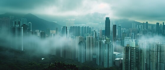 A city skyline is shown with a foggy atmosphere. The buildings are tall and the city appears to be in the middle of a foggy day