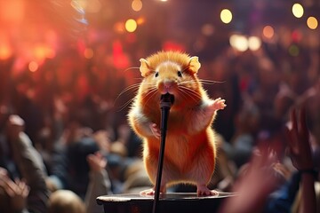 Hamster giving a speech at a concert with crowd cheering