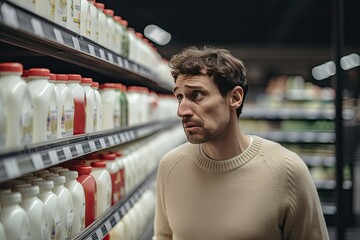 Man confused while choosing milk in supermarket