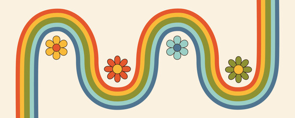 Cute rainbow line. Chamomile daisy flower set. Groovy retro icon in 60s, 70s hippie style. Funny sign symbol. Timeline infographic template. Trendy psychedelic flat design. White background. Vector - 767711115