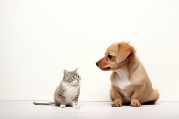 Kitten and puppy looking at each other