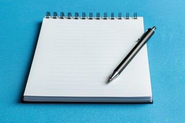 A pen sits on top of a notebook with a blue background. The pen is black and has a silver tip. The notebook is open to a blank page, ready for writing. Concept of readiness and focus