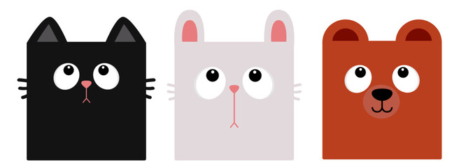 Square face animal set. Black cat kitten, white bunny rabbit, brown bear head face looking up. Forest animal set. Cute cartoon kawaii baby character. Childish style Flat design White background Vector - 767711321