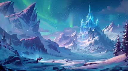 Foto op Canvas A serene, snowy landscape is dominated by an icy citadel, with the celestial dance of the aurora borealis unfolding above it, and wildlife roaming the foreground. Icy Citadel under the Celestial Auro  © M