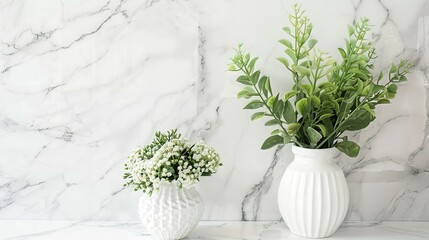 Two white vases with flowers in them sit on a marble countertop. The vases are arranged in a way that creates a sense of balance and harmony - obrazy, fototapety, plakaty