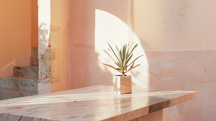 A small plant is sitting on a table in front of a wall