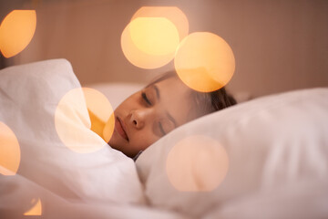 Peace, sleeping and girl child relax in a bed with comfort, dreaming or resting at home. Sleep, dream or calm female kid person in a bedroom for vacation, holiday and quiet night snooze in a house - obrazy, fototapety, plakaty