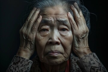 Forgetful asian senior woman with amnesia brain - obrazy, fototapety, plakaty