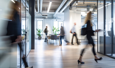 modern glass office with motion blur people walking through with wooden floor - obrazy, fototapety, plakaty