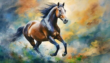 watercolor painting of a horse.a captivating animal poster wall art featuring a majestic running horse in full stride, exuding power and grace. Use dynamic composition and fluid brushstrokes to convey - obrazy, fototapety, plakaty