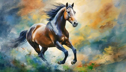 Rolgordijnen watercolor painting of a horse.a captivating animal poster wall art featuring a majestic running horse in full stride, exuding power and grace. Use dynamic composition and fluid brushstrokes to convey © Asad