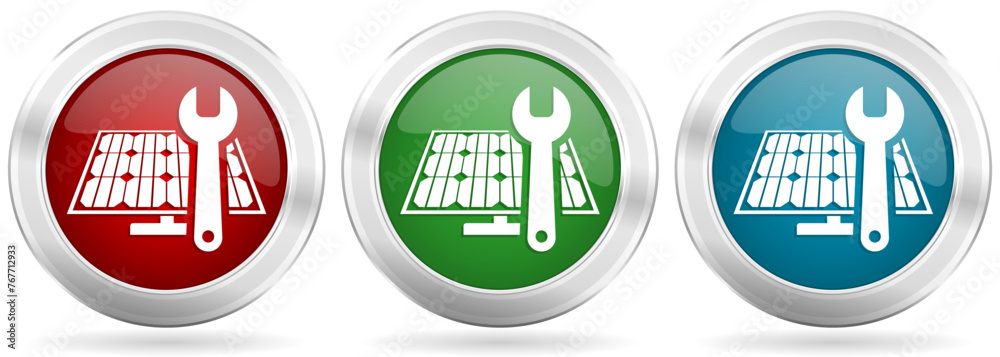 Poster renewable energy, solar panel service vector icon set. red, blue and green silver metallic web butto