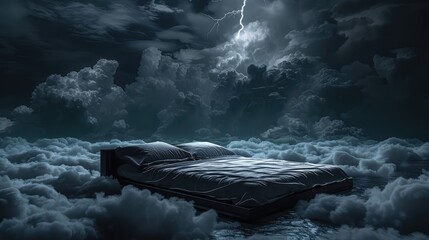 Bed in thunderclouds. Lightning in the background of the bed. Restless sleep. Horrible dream - obrazy, fototapety, plakaty