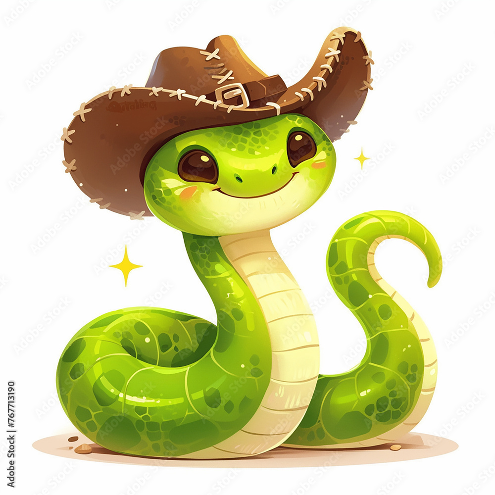 Poster a green snake wearing a cowboy hat. the snake is smiling and looking at the camera. the hat is brown