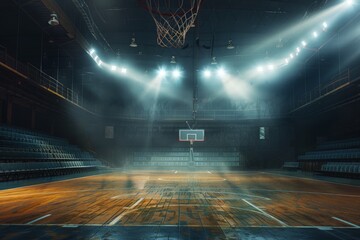 Empty basketball arena stadium sports ground with flashlights and fan sits