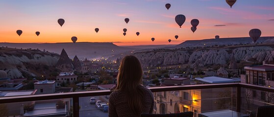 A woman is sitting on a balcony overlooking a city with many hot air balloons in the sky. The scene is peaceful and serene, with the woman enjoying the view and the colorful balloons