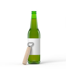 Green beer bottle with opener on white