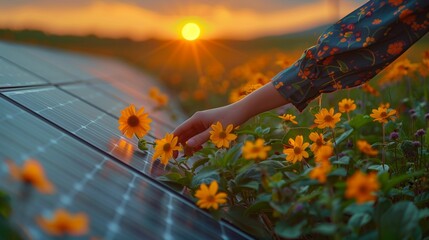 Happy woman touching orange flowers on a solar panel in a natural landscape