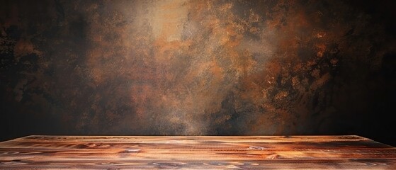 A wooden table with a brown wall behind it. The wall has a lot of texture and he is made of wood - obrazy, fototapety, plakaty