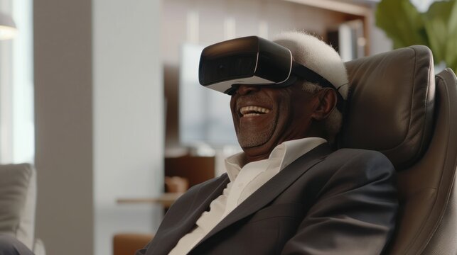 An old black businessman is seated in a chair, wearing a virtual reality headset - Powered by Adobe