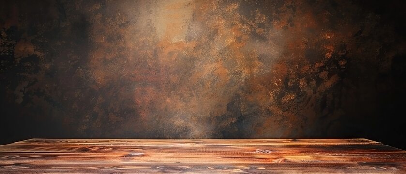 A wooden table with a brown wall behind it. The wall has a lot of texture and he is made of wood