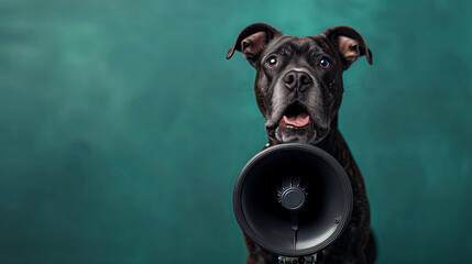 Dog talking into a gramophone on the emerald background - obrazy, fototapety, plakaty