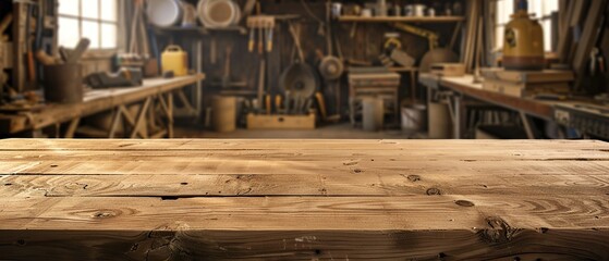 A wood table with a view of a cluttered workshop. Scene is somewhat chaotic and disorganized