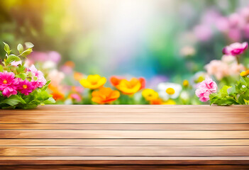 Fototapeta na wymiar Spring garden blooms: Flowers is background wooden table with pink and purple daisies, showcasing the beauty of nature in full blossom, Empty ready for your product display or montage