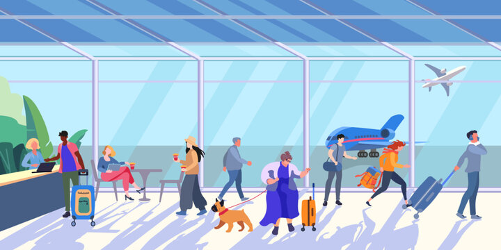 Interior inside the airport terminal with people and luggage. Airport lounge on a sunny day. A large woman with a dog and a running girl. Flight check in counter. Flat vector illustration for banner