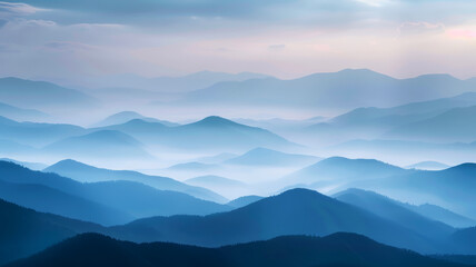 Fototapeta na wymiar Tranquil Dawn Breaking Over Misty Mountain Ranges with Layers of Blue and Purple Hues