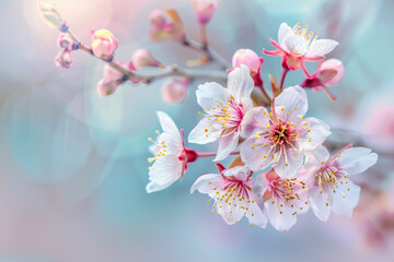 Cherry blossoms in full bloom with soft spring background and warm sunlight