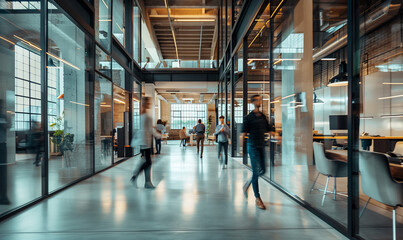 modern glass office with motion blur people walking through