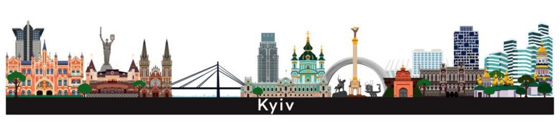 Kiev, Ukraine city skyline. Vector illustration. Kyiv cityscape with landmarks.