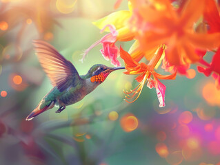 Fototapeta premium Vibrant Hummingbird Sipping Nectar from Exotic Flowers with Wings in Swift Motion