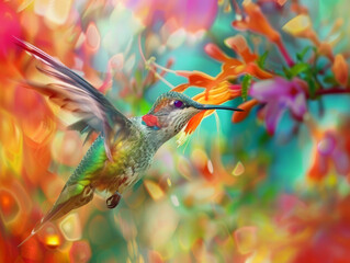 Fototapeta premium Vibrant Hummingbird Sipping Nectar from Exotic Flowers with Wings in Swift Motion
