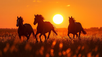 Horses on the sunset background