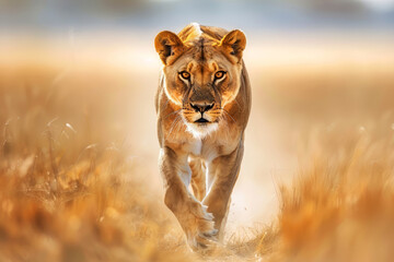 Naklejka premium Lioness in the savannah with a focused gaze during a hunt at golden hour