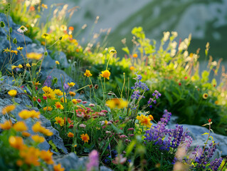 Alpine meadow with vibrant wildflowers at dawn, capturing nature's tranquility - obrazy, fototapety, plakaty