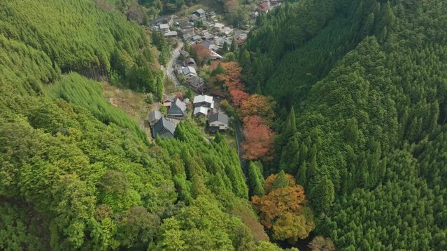 Aerial drone above village in Japanese mountain valley road between cedar forest