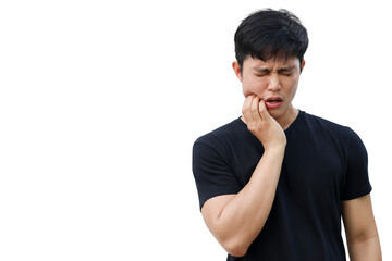 close up adult asian man using hand to massage cheek cause from toothache (wisdom tooth) isolated...