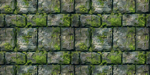 Seamless rock pattern, tileable mossy stone dungeon masonry texture, great for video game design