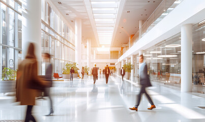modern glass office with motion blur people walking through with sun flare