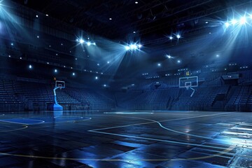 Fototapeta na wymiar Empty basketball arena stadium sports ground with flashlights and fan sits