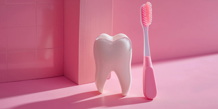 Tooth model and toothbrush. Dental clinic creative pink background, dentist office website graphic. Teeth hygiene, dental equipment and dentistry banner.