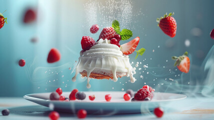 White whipped cream cake on pastel background with Generative Ai. Strawberry dessert food levitation concept. - obrazy, fototapety, plakaty