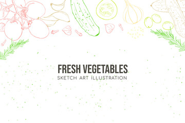 Vegetables sketch art illustration flat lay composition