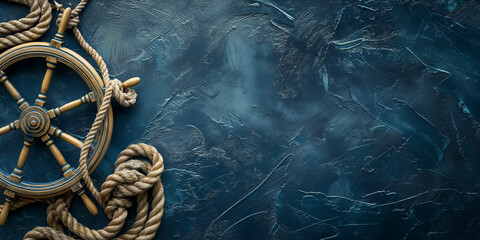 Creative sailing background perfect for sea travel website. Maritime and nautical theme, with blue sea color, ropes, steer and sea creatures. © SARATSTOCK