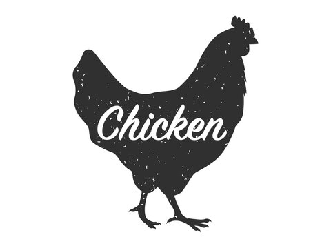 Silhouette of a chicken with a text, side view. Illustration on transparent background
